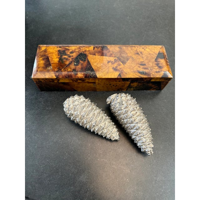 Fantastic Pair of Vintage 1980’s Solid Silver Metal Pinecone Objets, made in Italy. Measuring 5”w x 2”d x 2”h. Heavy in...