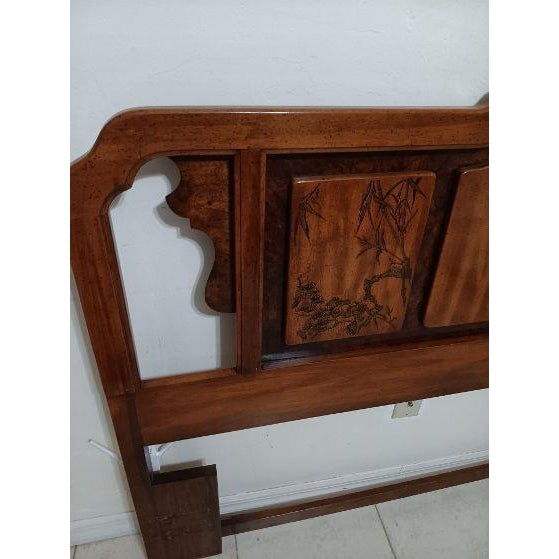 Wood Vintage Asian Inspired Queen Size Wooden Headboard Dark Wood Tone For Sale - Image 7 of 9