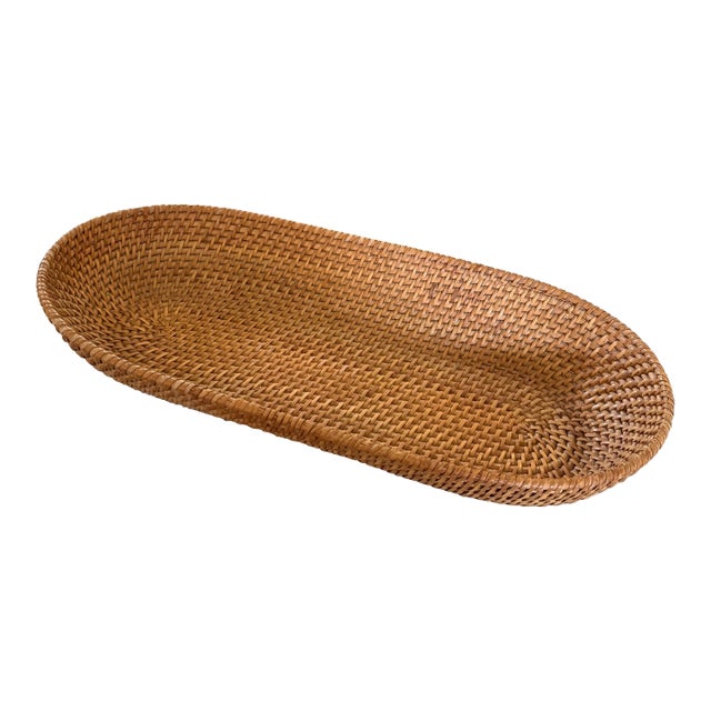 Vintage Woven Rattan Oval Tray. 14” X 6” Natural Wicker Basket For Sale