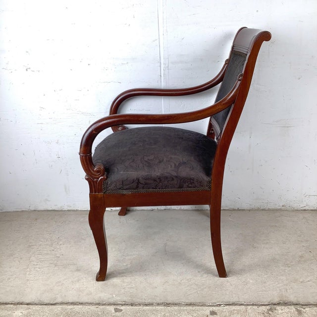 Late 20th Century Antique Empire Style Mahogany Armchair With Black Damask Upholstery For Sale - Image 5 of 12