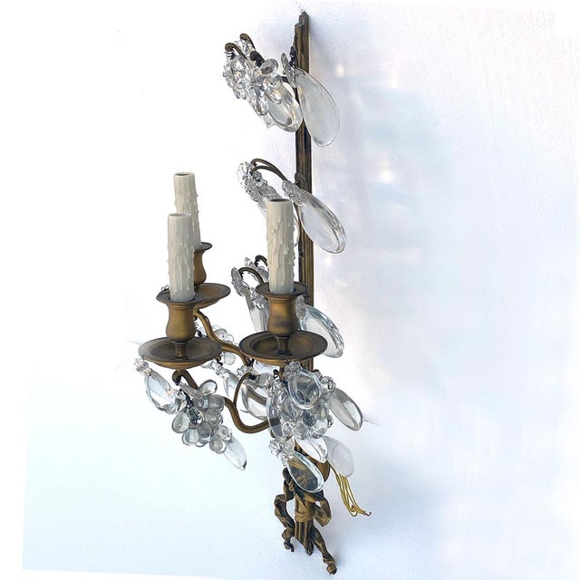 Brass Pair Large French Louis XV Style Gilt Brass and Crystal Three-Light Wall Sconces For Sale - Image 8 of 12