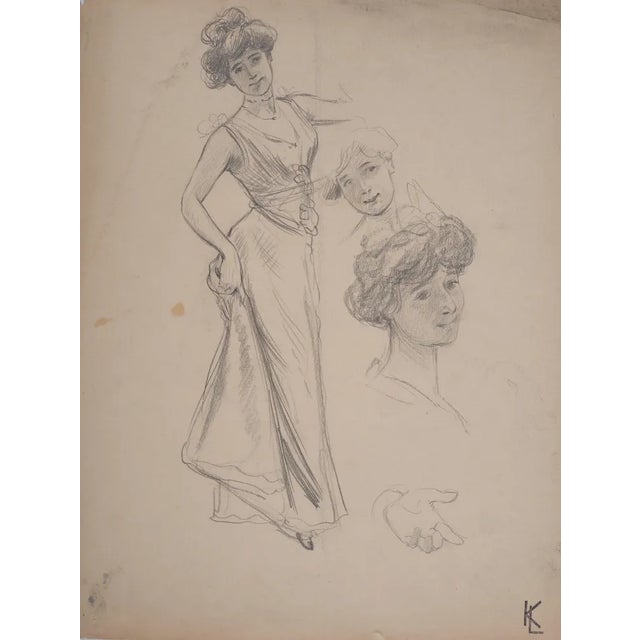 Léopold Franz Kowalski, Léa Poses in a Dress, Original Drawing For Sale - Image 5 of 5