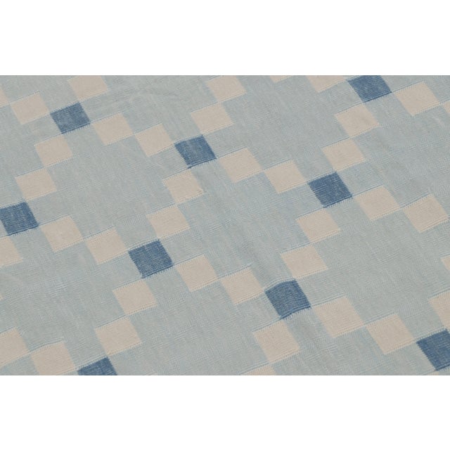Textile Rug & Kilim’s Indian Dhurrie Rug in Sky Blue and Cream Geometric Mosaic For Sale - Image 7 of 10