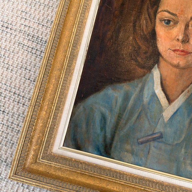 Blue Midcentury Oil Portrait of a Woman Beautifully Framed For Sale - Image 8 of 10