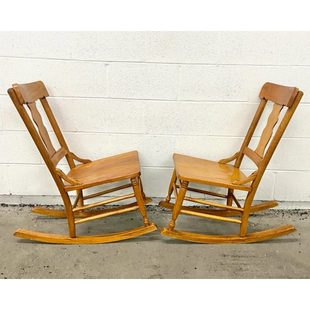Traditional Vintage Child Size Oak Rocking Chairs - Pair For Sale - Image 3 of 6