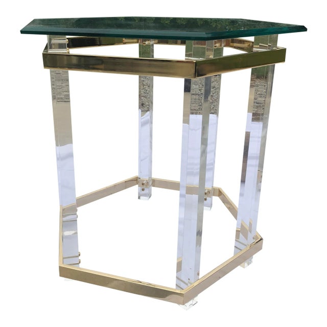Charles Hollis Jones Vintage Charles Hollis Lucite and Brass Hexagonal Side Table For Sale - Image 4 of 5