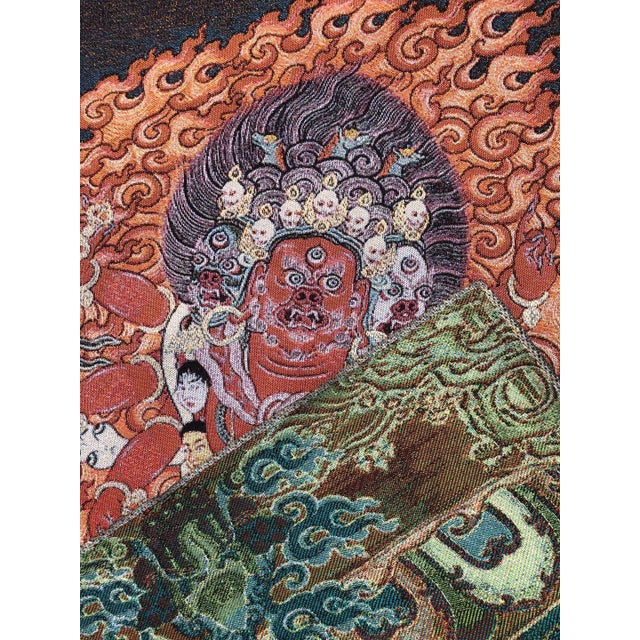 Chinese Xizang Embroidery and Brocade Thangka Buddha Painting - Wrathful Deity Protector Wall Art - Hand Painted Buddhist Sacred Scroll Mid 20th Century For Sale - Image 3 of 7