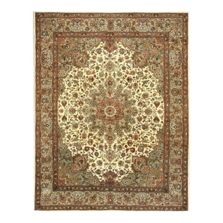 1940s Ivory Ground Medallion Antique Tabriz Northwestern Knotted Wool Carpet Rug For Sale
