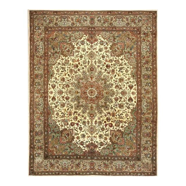 1940s Ivory Ground Medallion Antique Tabriz Northwestern Knotted Wool Carpet Rug For Sale