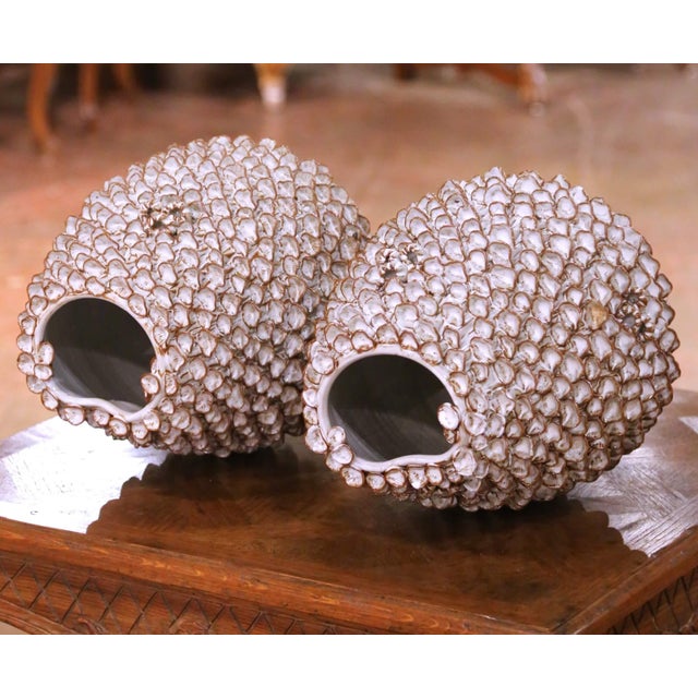 White Pair of Contemporary French Ceramic Vases With Mushroom-Inspired Organic Relief For Sale - Image 8 of 9
