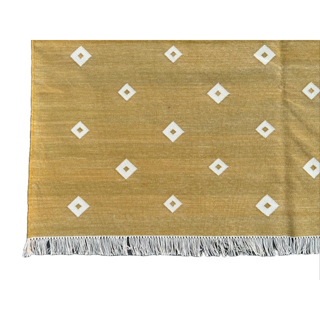 Handmade Cotton Area Rug Natural Vegetable Dyed Mustard and White Diamond Dhurrie-8'x10' For Sale - Image 10 of 10