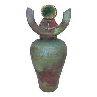 Green Brutalist Raku Pottery Vase Urn With Geode Lid Signed 17 1/2" For Sale