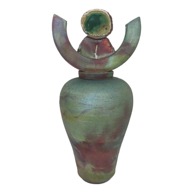 Green Brutalist Raku Pottery Vase Urn With Geode Lid Signed 17 1/2" For Sale