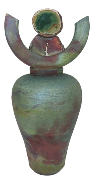 Green Brutalist Raku Pottery Vase Urn With Geode Lid Signed 17 1/2"