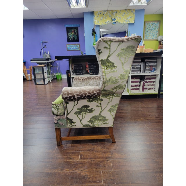 Rustic Late 20th Century Green & Taupe Velvet Wingback Lounge Chairs – A Pair For Sale - Image 3 of 4