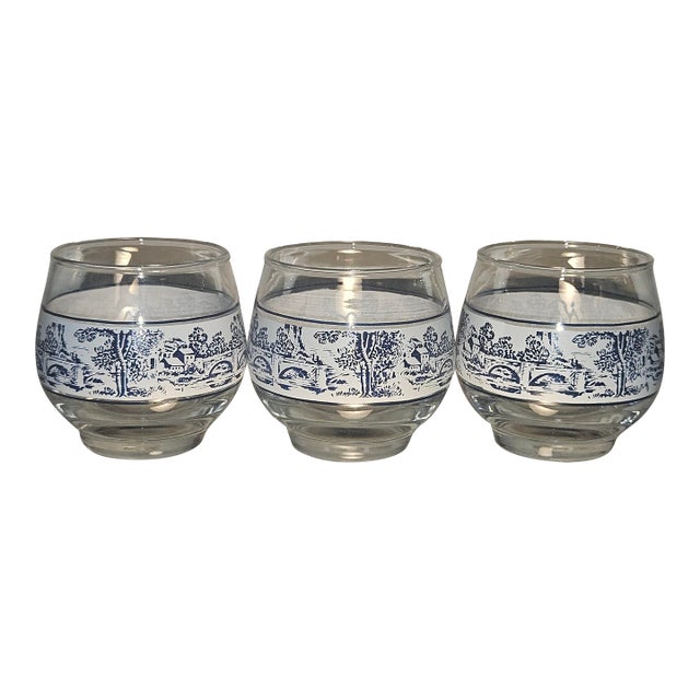 Vintage Blue and White Pattern Glasses- Set of 3 For Sale