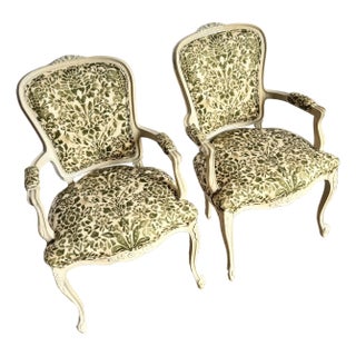 French Provincial Style Foliage Patterned Arm Chairs - A Pair For Sale