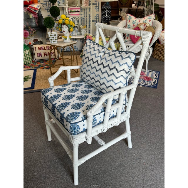 Late 20th Century Painted Bamboo Chair With Nautical Cushion and Lumbar Pillow For Sale - Image 11 of 11