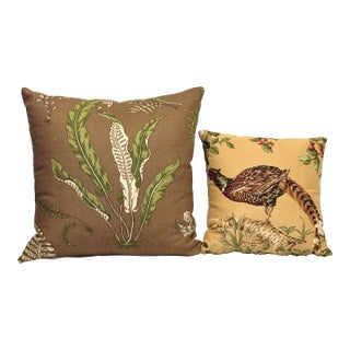 Pair of Custom Linen Throw Pillows – Salamandre Pheasant & Botanical Leaf, Down Alternative Inserts For Sale