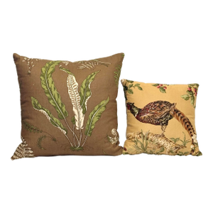 Pair of Custom Linen Throw Pillows – Salamandre Pheasant & Botanical Leaf, Down Alternative Inserts