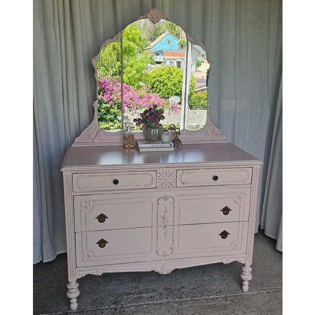 Vintage , Pink Dresser with detachable mirror. Gorgeous Jacobean Style Dresser with mirror . Paris Apartment Style, Circa...