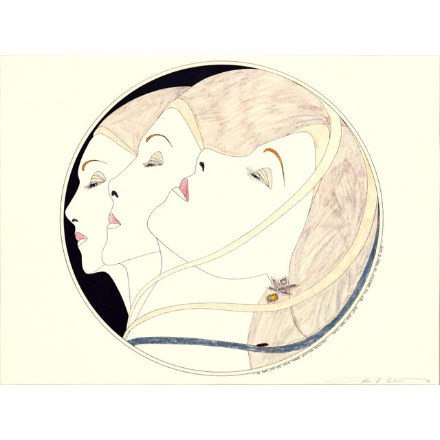 "Three Ribbon Heads", Art Deco Hand Colored Lithograph by John Luke Eastman 1984 For Sale In Monterey, CA - Image 6 of 8