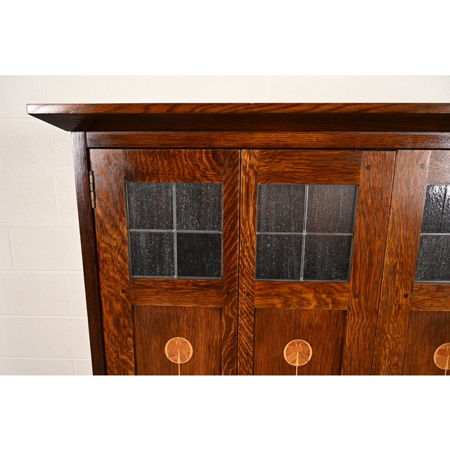 Wood Stickley Harvey Ellis Collection Mission Arts & Crafts Inlaid Oak and Leaded Glass Armoire or Media Cabinet For Sale - Image 7 of 17