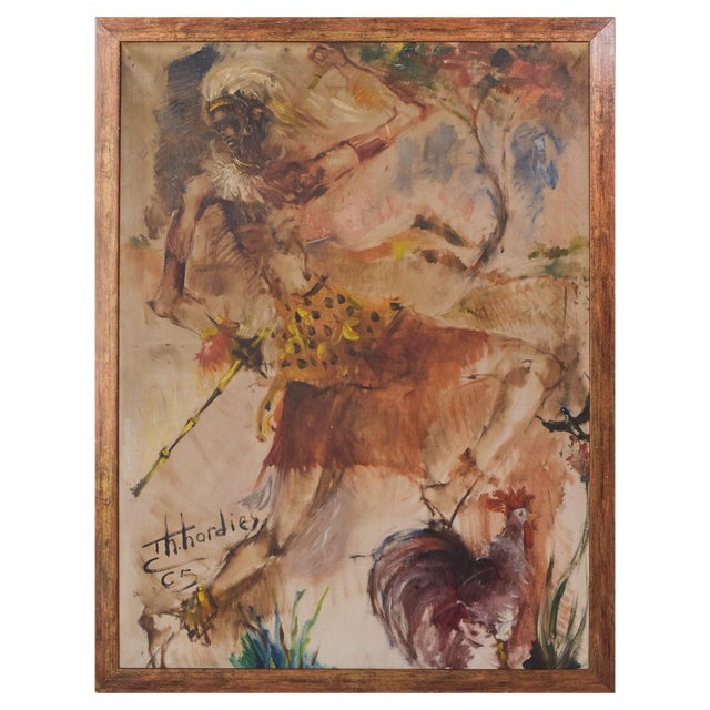 African Dancing Warrior with Cockerel, Mid-20th Century, Oil on Canvas For Sale