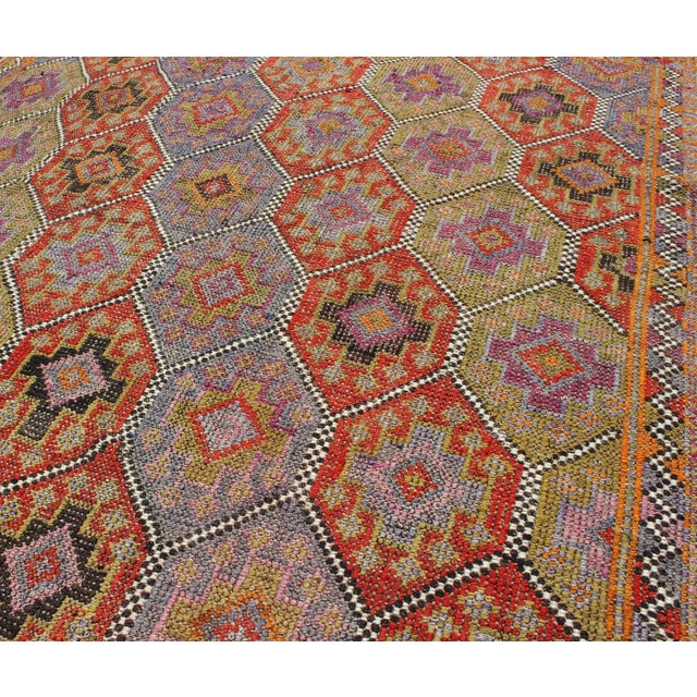 Colorful Vintage Turkish Flat-Weave Tribal Modern Kilim With Embroideries For Sale In Atlanta - Image 6 of 12