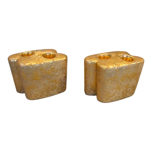 Vintage 1950's American Mid Century Modern Le Mieux China Ceramic Weeping Gold Double Candlesticks - A Pair For Sale