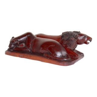 Vintage Hand-Carved African Lion & Lioness Sculpture – Signed "Masaku" – African Ironwood Safari Folk Art For Sale