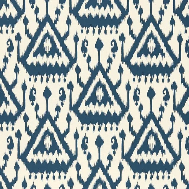 Sample - Schumacher Vientiane Ikat Wallpaper in Indigo Blue For Sale