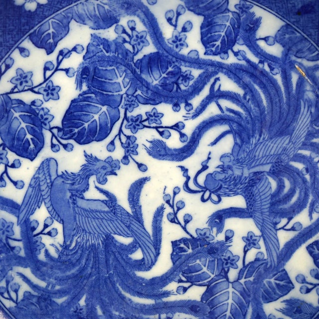 Asian Antique Antique Imari Meiji Blue & White Porcelain Charger with Birds Circa 1910 For Sale - Image 3 of 12