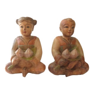 Vintage Hand Carved Wooden Statues Boy Girl Asian Influenced Figures - Set of 2 For Sale