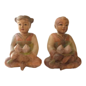 Vintage Hand Carved Wooden Statues Boy Girl Asian Influenced Figures - Set of 2
