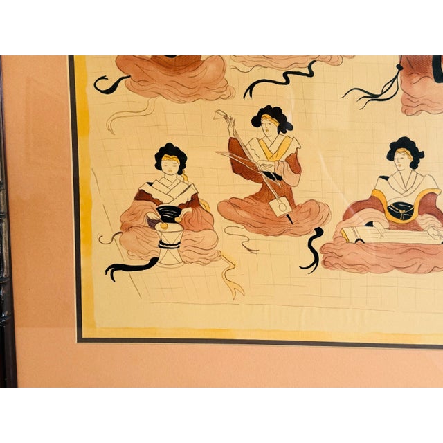 Vintage 1970s Asian Hand-Colored Pencil Drawing “Honey” by Piacente. Depicts eight different Asian musical instruments....