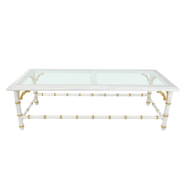 Vintage White & Gold Faux Bamboo Coffee Table With Glass Top, Hollywood Regency Style For Sale - Image 13 of 13