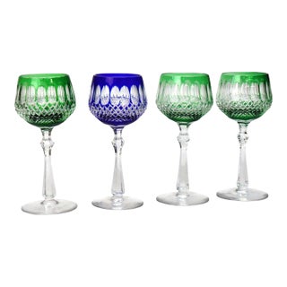 Antique Bohemian Cut to Clear Crystal Wine Stem Glasses: Emerald & Cobalt - Set of 4 For Sale