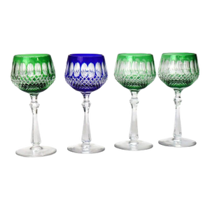 Antique Bohemian Cut to Clear Crystal Wine Stem Glasses: Emerald & Cobalt - Set of 4