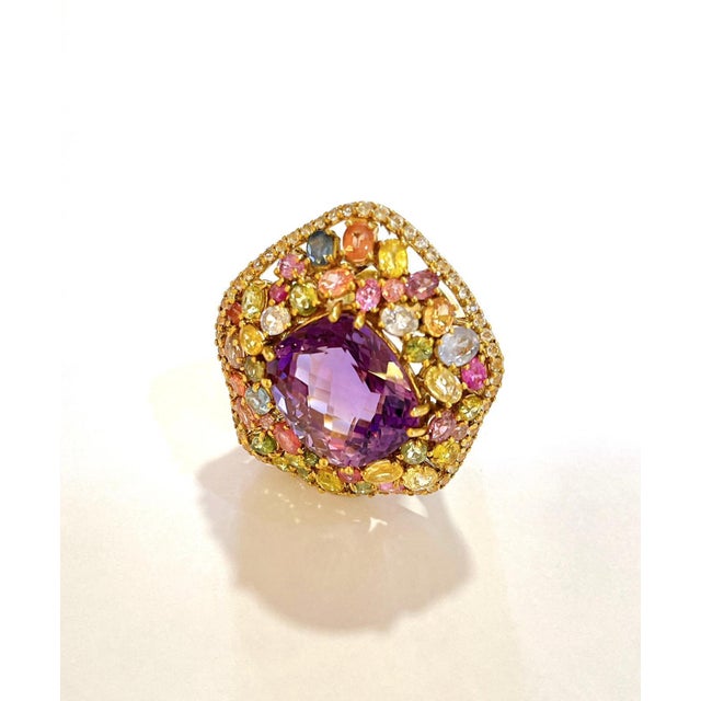 Bochic “Orient” Vintage Sapphire & Amethyst Cocktail Ring 18K Gold & Silver For Sale - Image 9 of 13