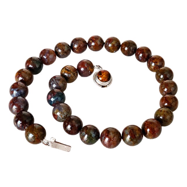 Brown Pietersite Beaded Necklace With Sterling Silver Pietersite Clasp, 18.5" For Sale