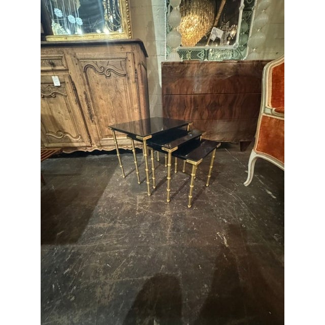 Transitional Set of Italian Jansen Manner Brass and Black Lacquer Nesting Tables For Sale - Image 3 of 5