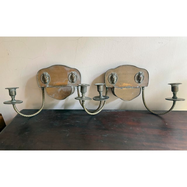 1970s Vintage Colonial Revival Brass Horse Head Double Arm Wall Sconces, Pair For Sale - Image 11 of 16