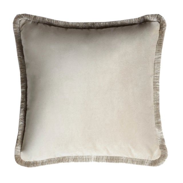Major Collection Cushion in Beige Velvet with Fringes from Lo Decor For Sale