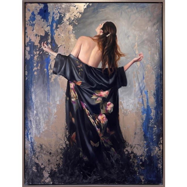 2010s Emergence by Brian O'Neill | Oil on panel with White Gold and Silver Leaf woman in flowing black robe For Sale - Image 5 of 5