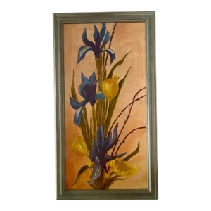 1980s Contemporary Blue Iris Yellow Tulip Still Life Oil on Canvas, Signed by Artist