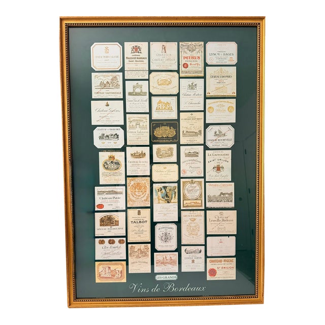 1990s French Wine Label Poster "Vins De Bordeaux " in Gold-Tone Frame For Sale