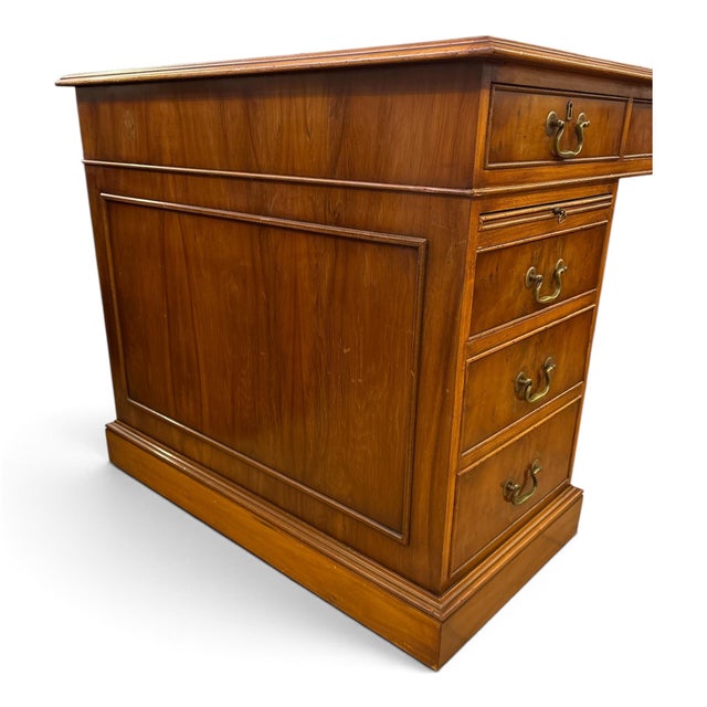 Wood Twin Pedestal Desk with Burgundy Leather Top For Sale - Image 7 of 9