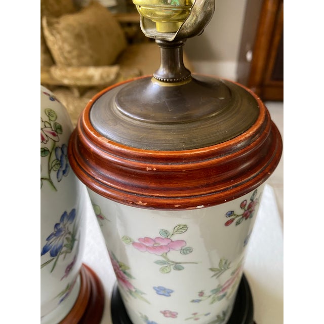 Vintage Chinoiserie Porcelain Table Lamps With Hand-Painted Floral Motifs and Wooden Bases - Pair For Sale In Naples, FL - Image 6 of 12