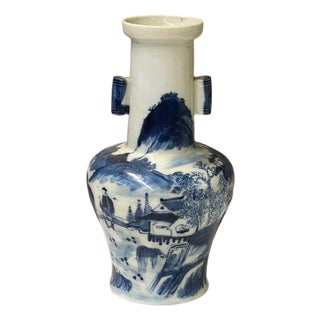 Oriental Small Blue White Scenery Graphic Porcelain Art Vase For Sale